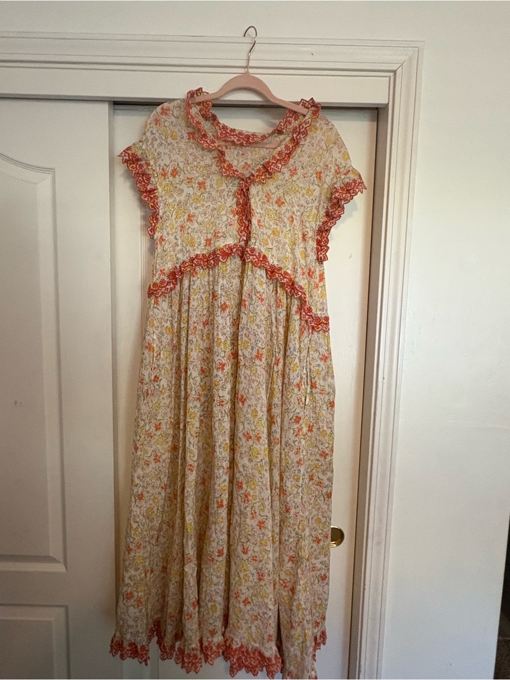 Free People Floral Maxi Dress - Cream, Yellow & Orange Trim